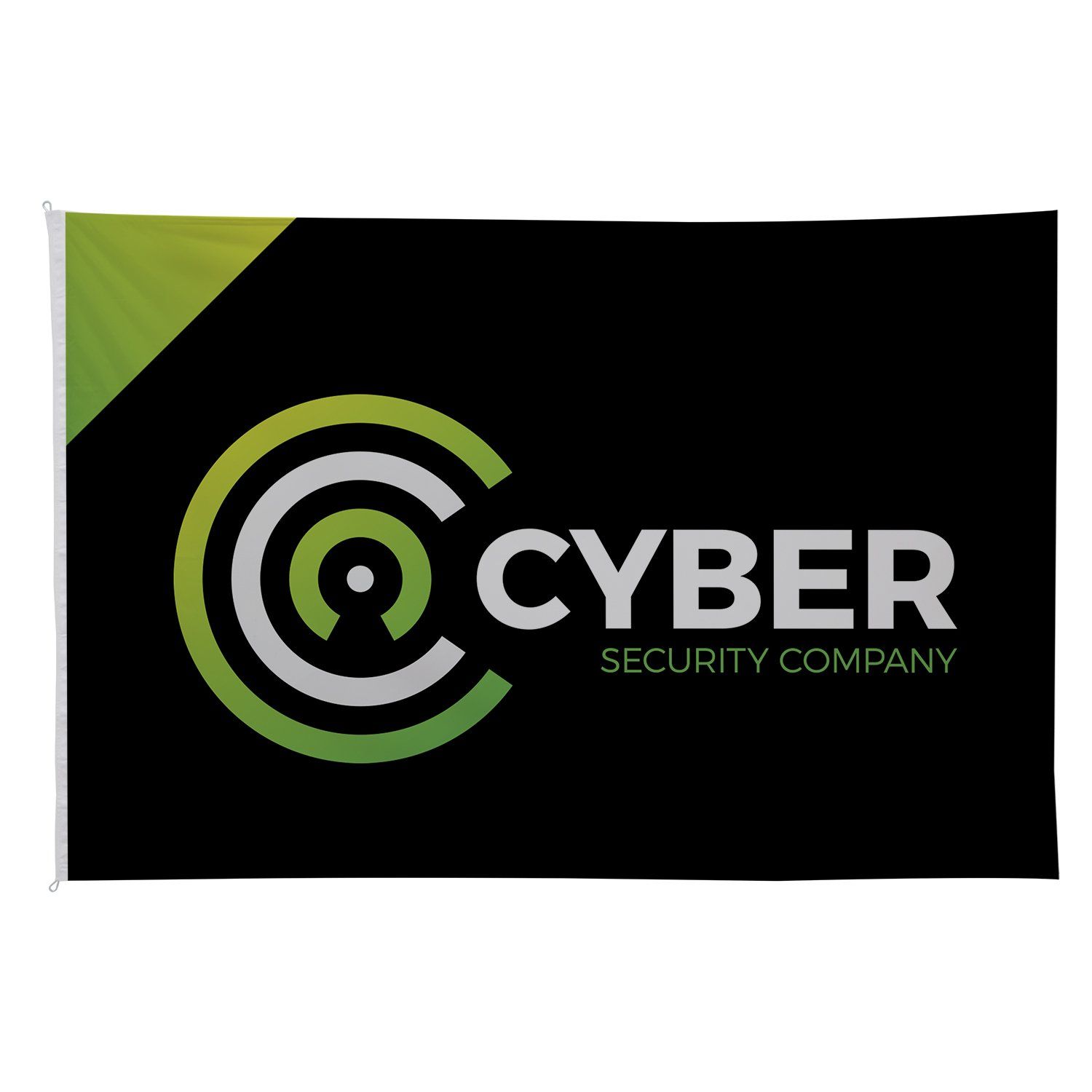 A black and green flag with the cyber security company logo on it.