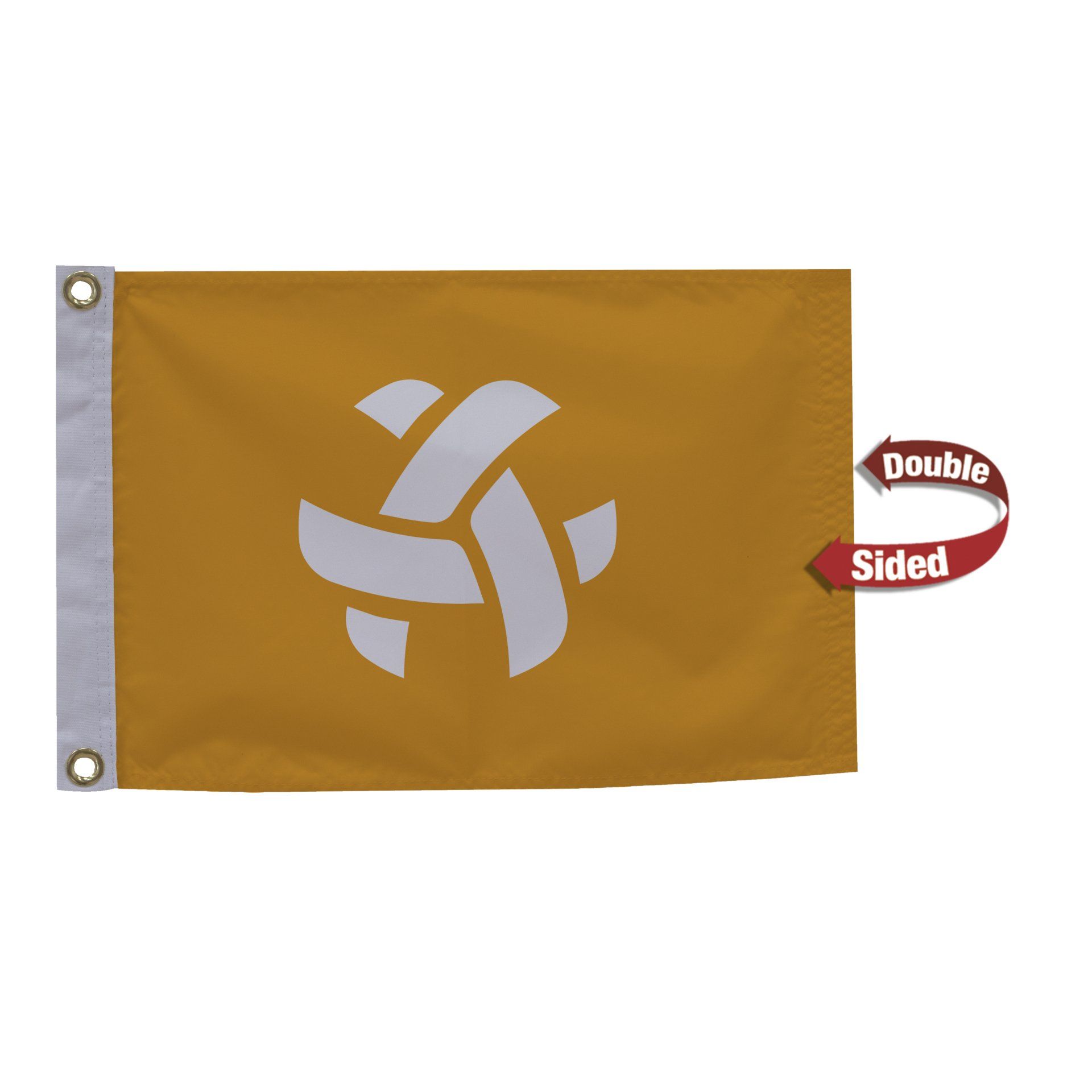A double sided flag with a volleyball on it