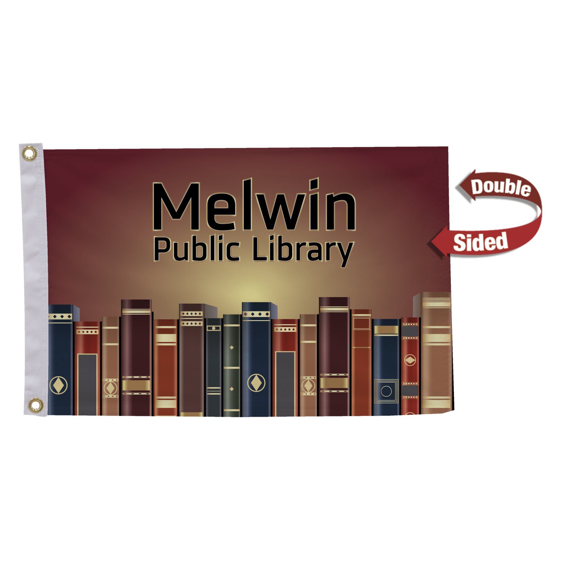 A banner for the melvin public library with books on it