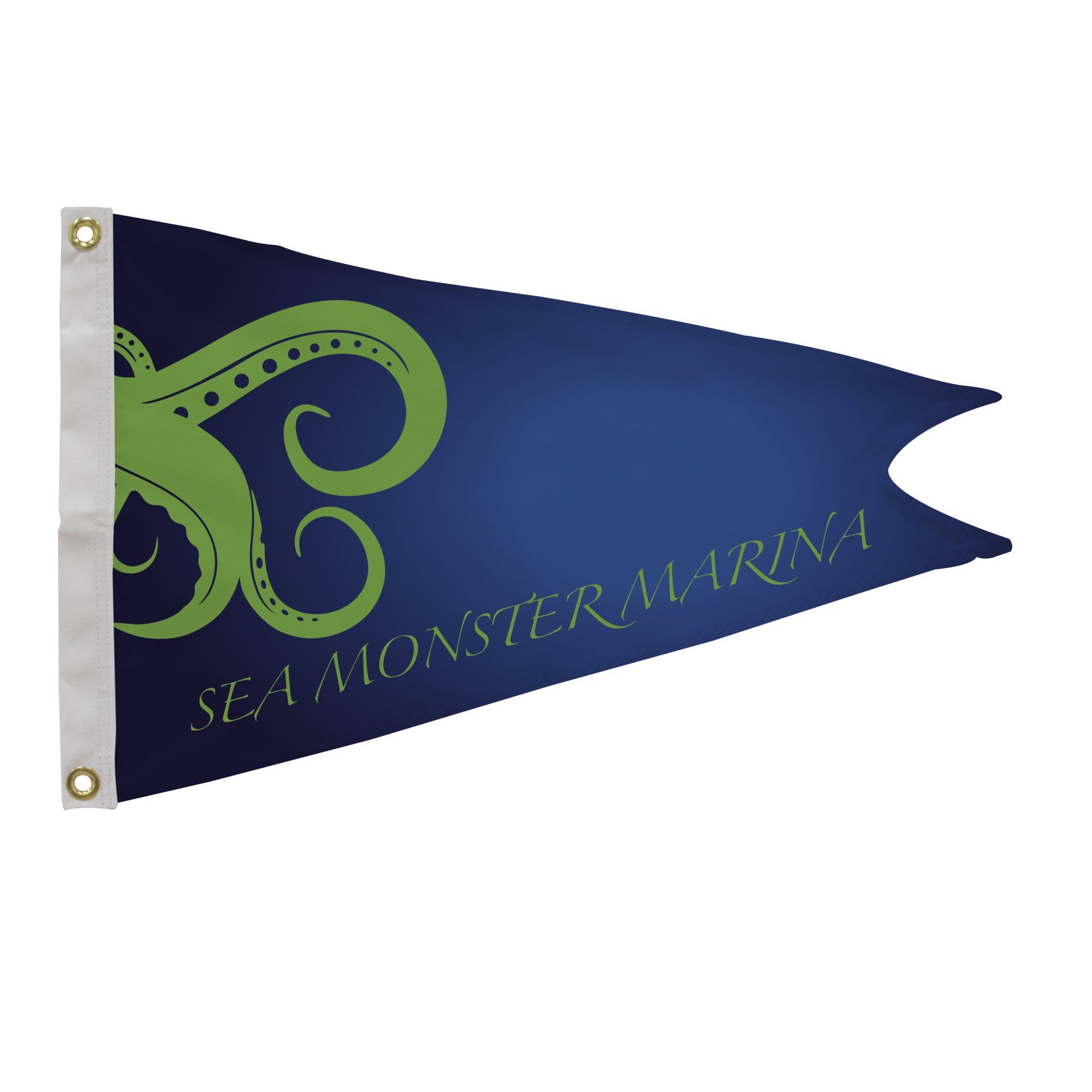 A blue flag with a green octopus and the words sea monster marina on it