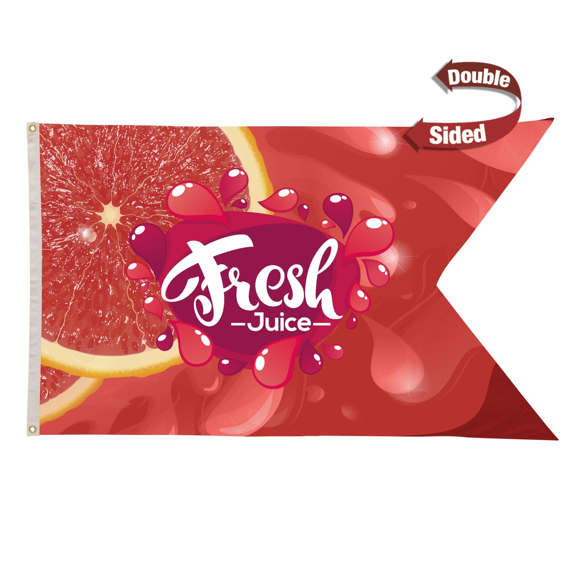 A red flag with the word fresh juice on it.