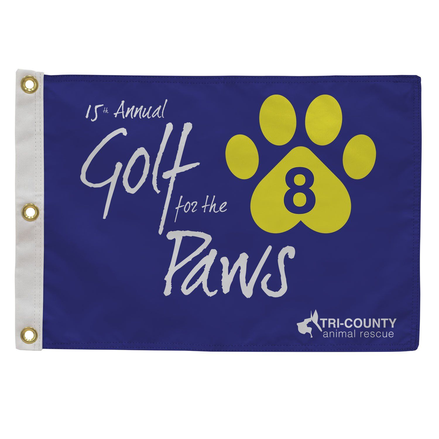 A blue flag that says golf for the paws on it