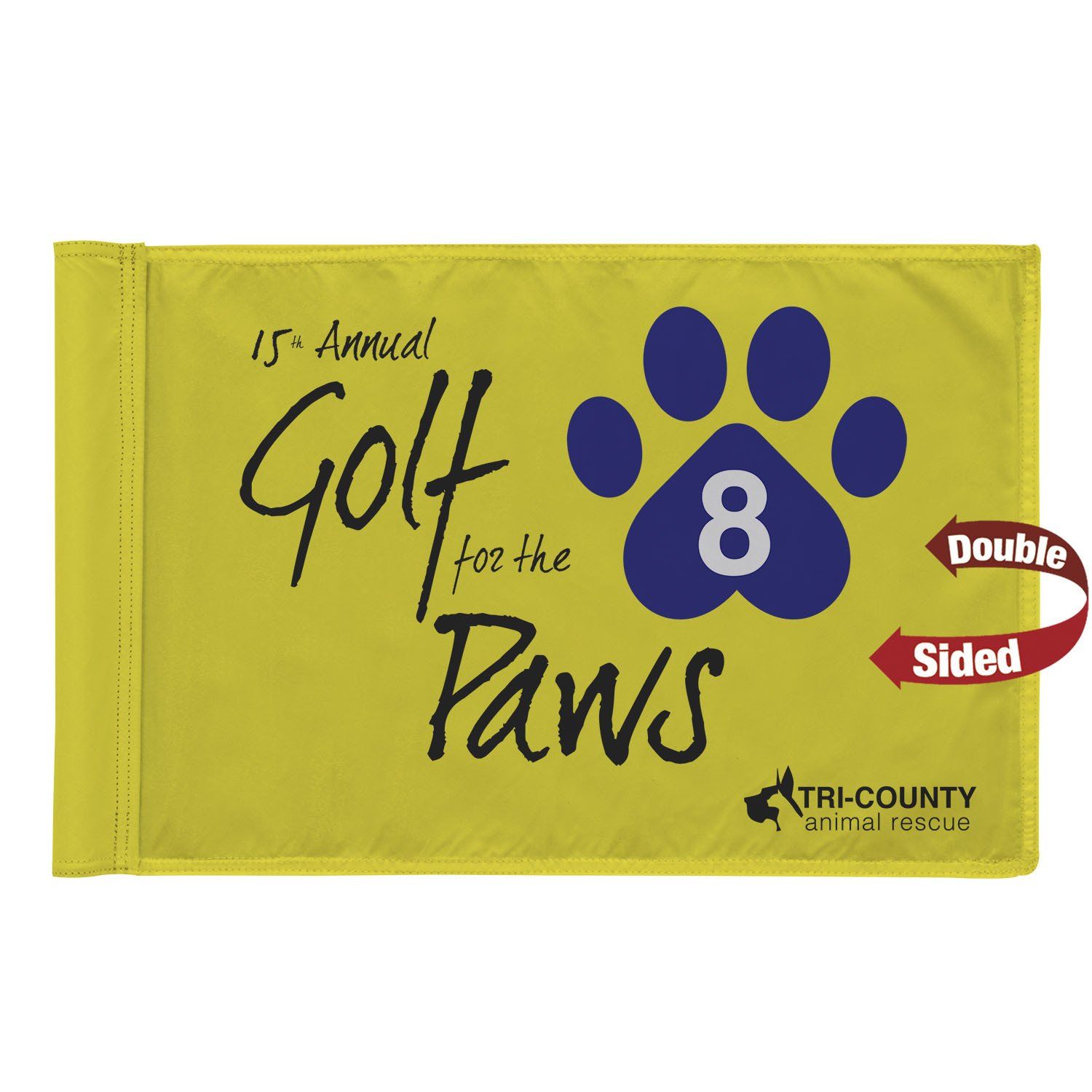 A yellow golf flag for the 15th annual golf for the paws