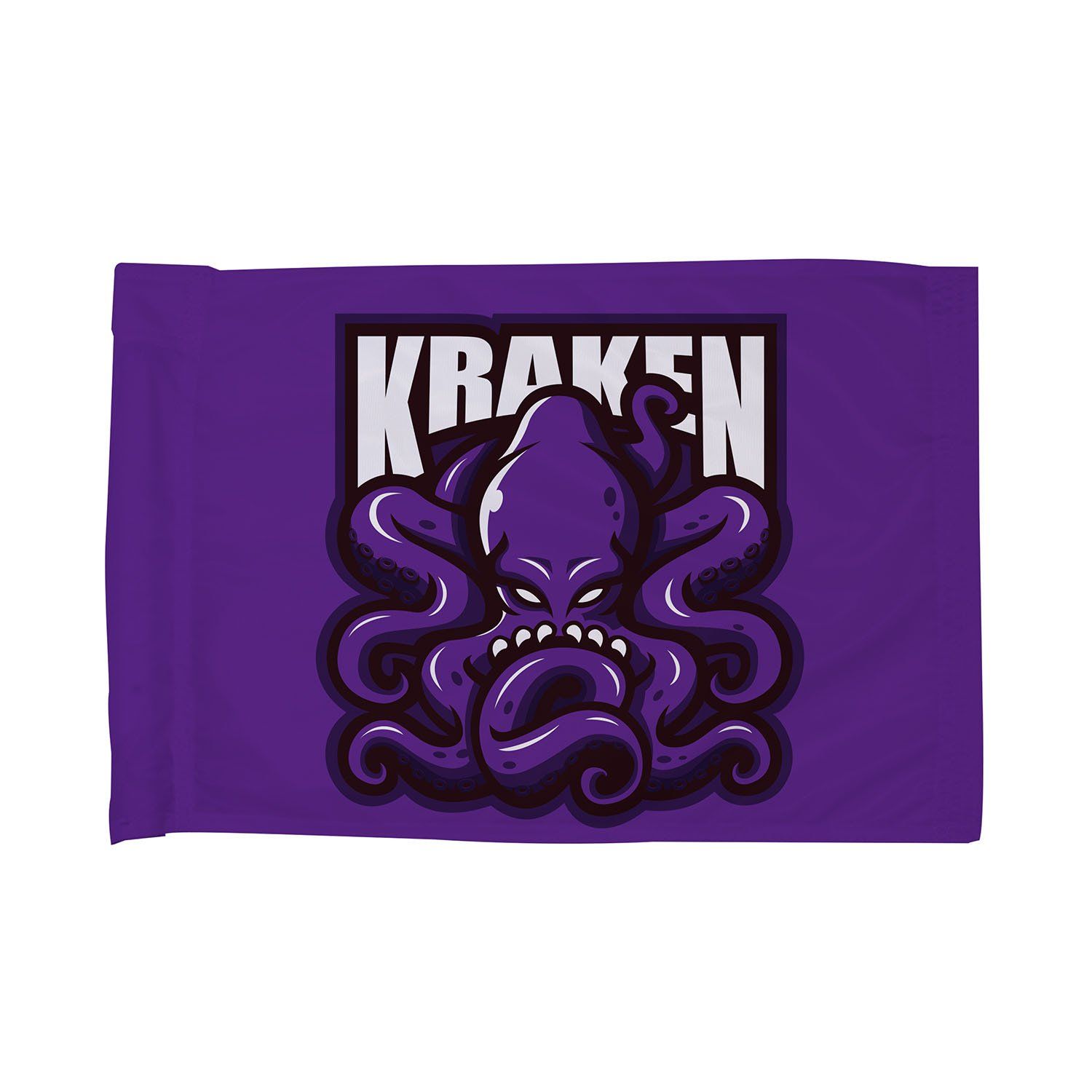 A purple flag with a purple octopus and the word kraken on it.