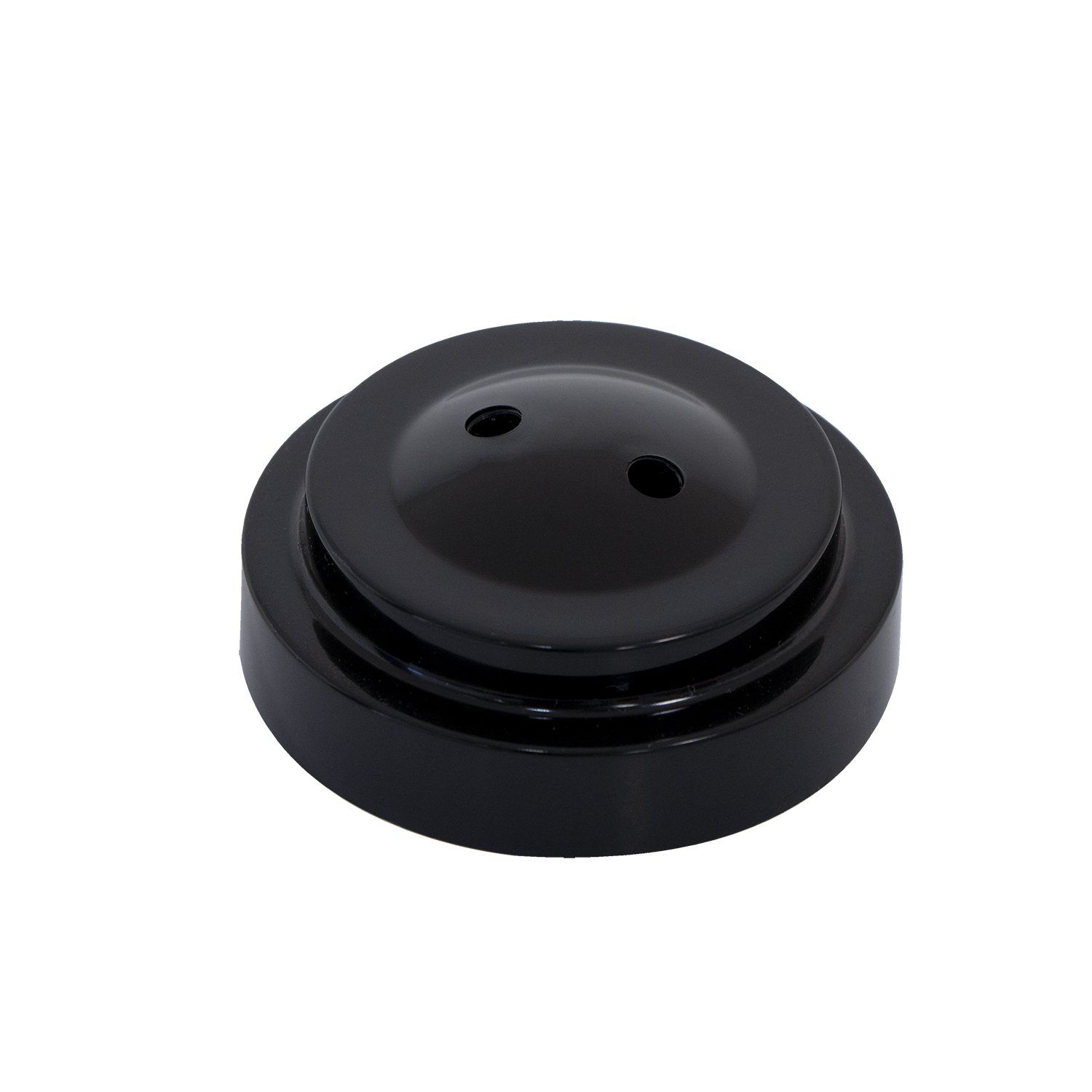 A black circle with two holes in it on a white background