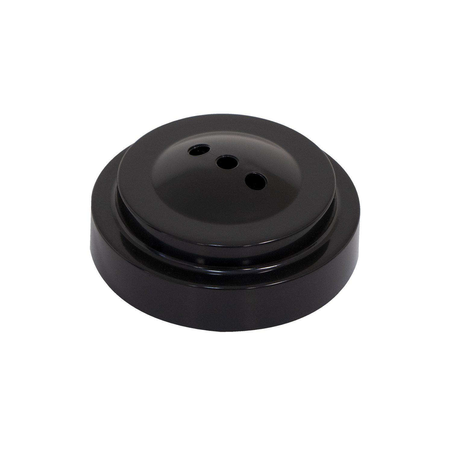 A black button with three holes in it on a white background