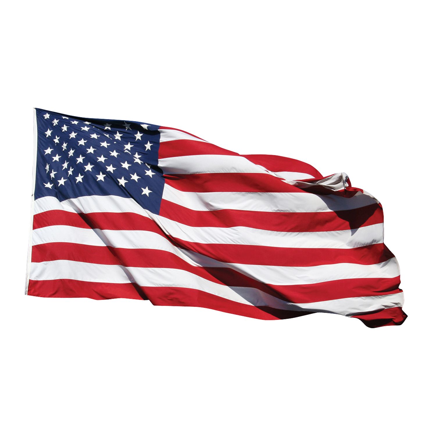 An american flag is waving in the wind on a white background.
