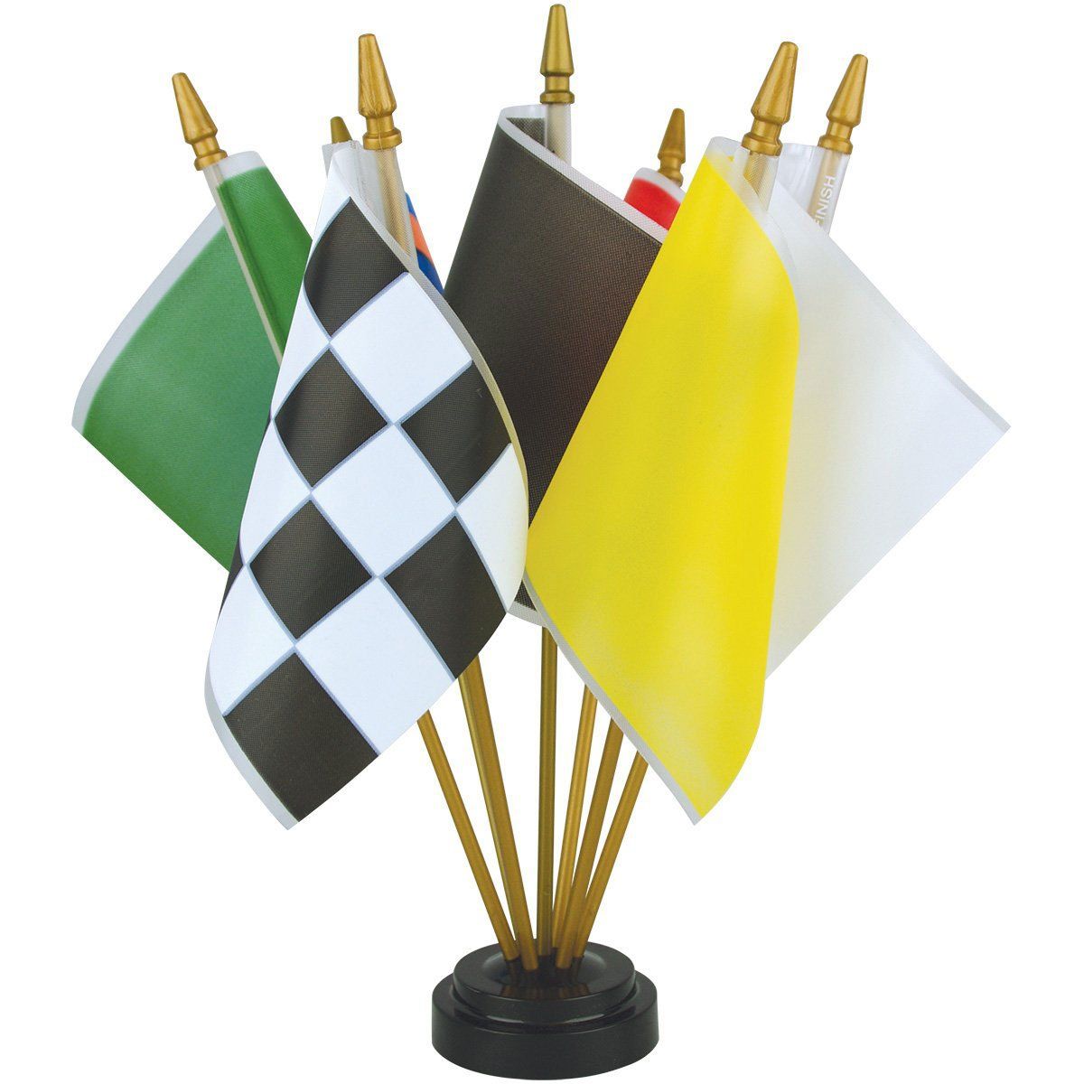 A bunch of small flags are on a stand