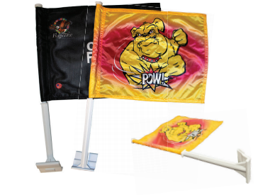 Three flags with one that says powe on it