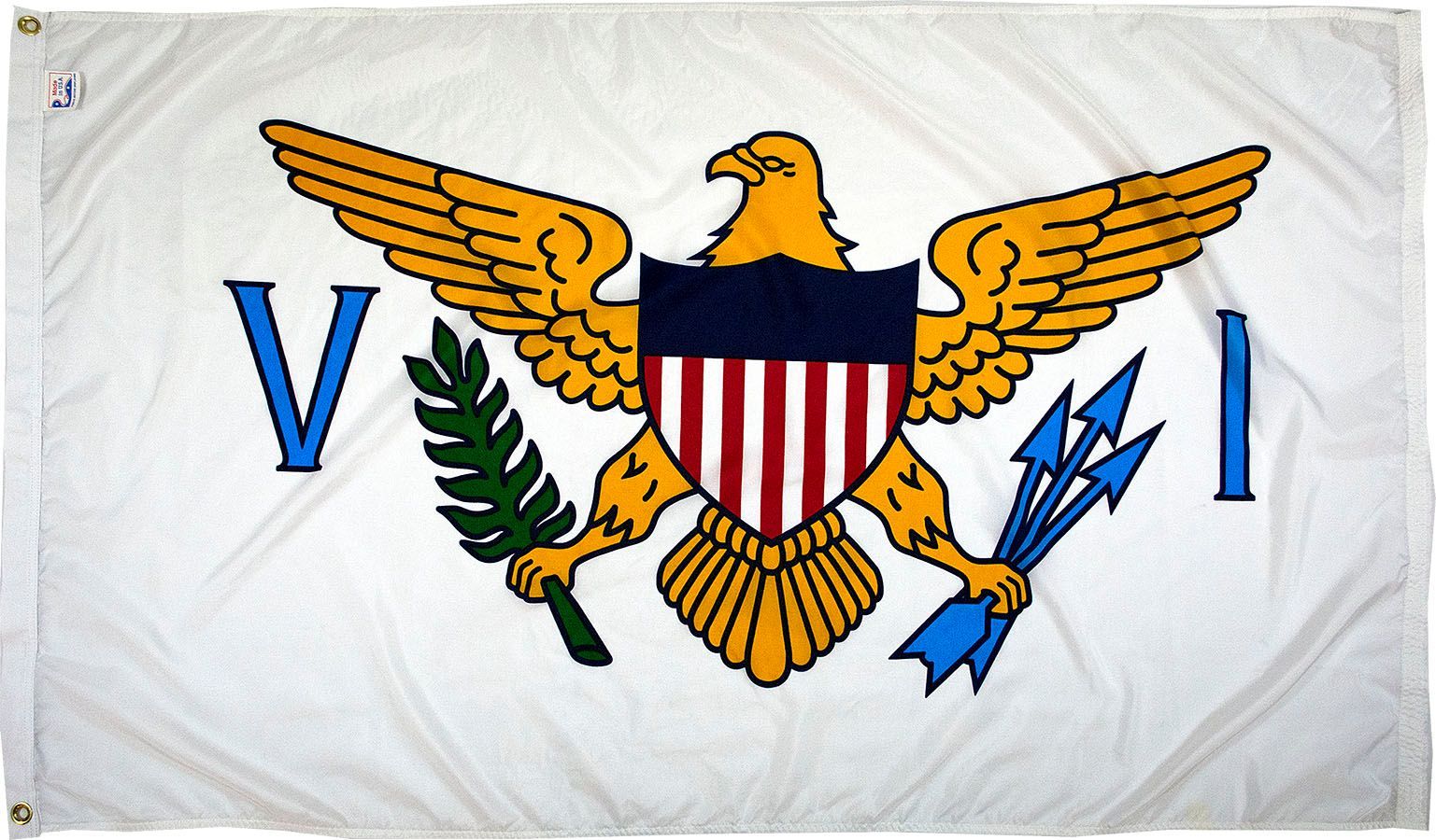 A white flag with an eagle and a shield with the letter v on it