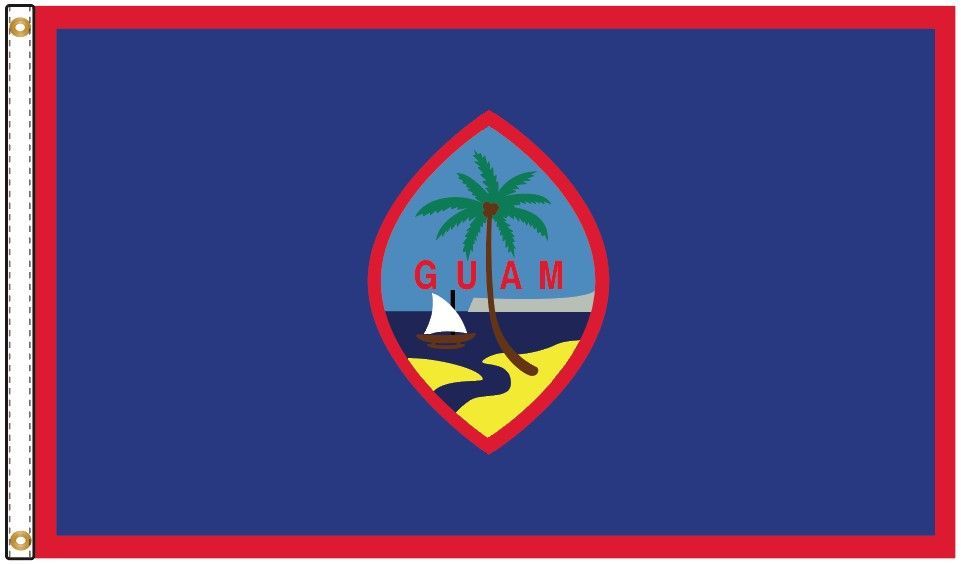 The flag of guam has a palm tree and a boat on it