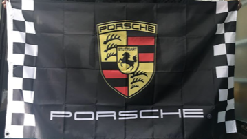 A black porsche flag with a checkered border
