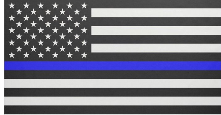 A black and white american flag with a blue stripe in the middle.