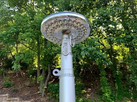 A pole with a light on top of it is surrounded by trees.