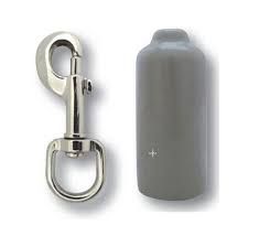 A metal hook and a gray bottle on a white background.
