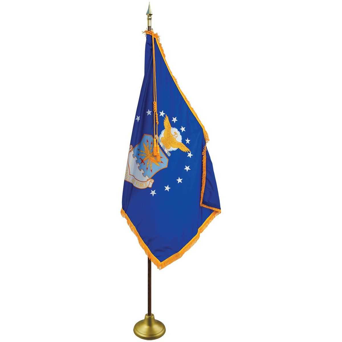 A blue flag with an eagle on it is on a pole