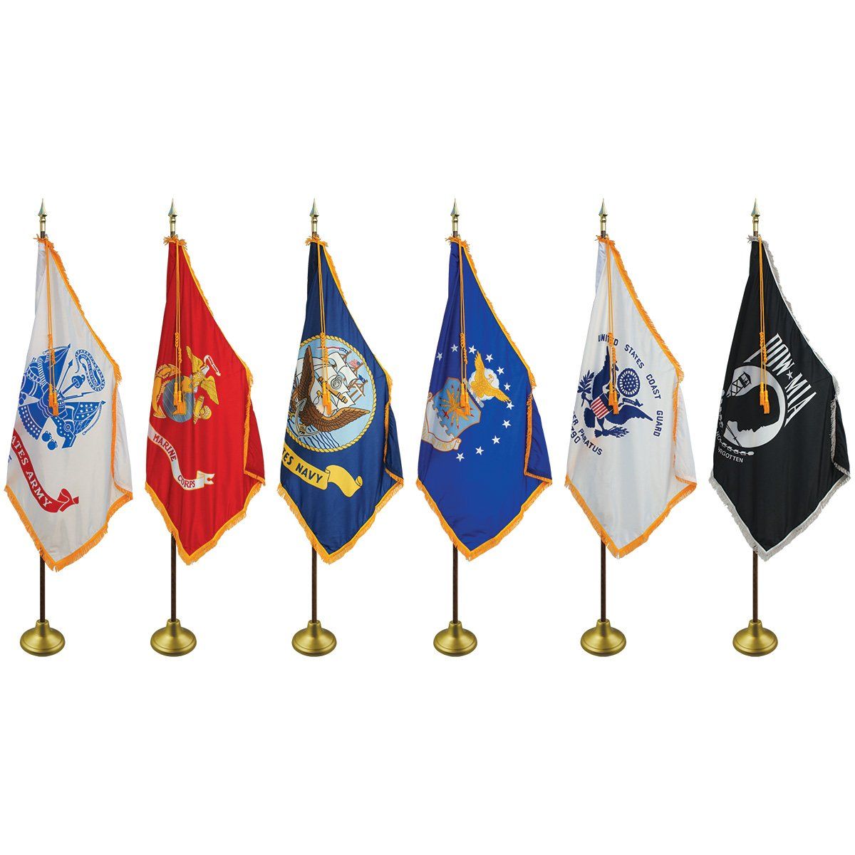 A group of flags are lined up in a row