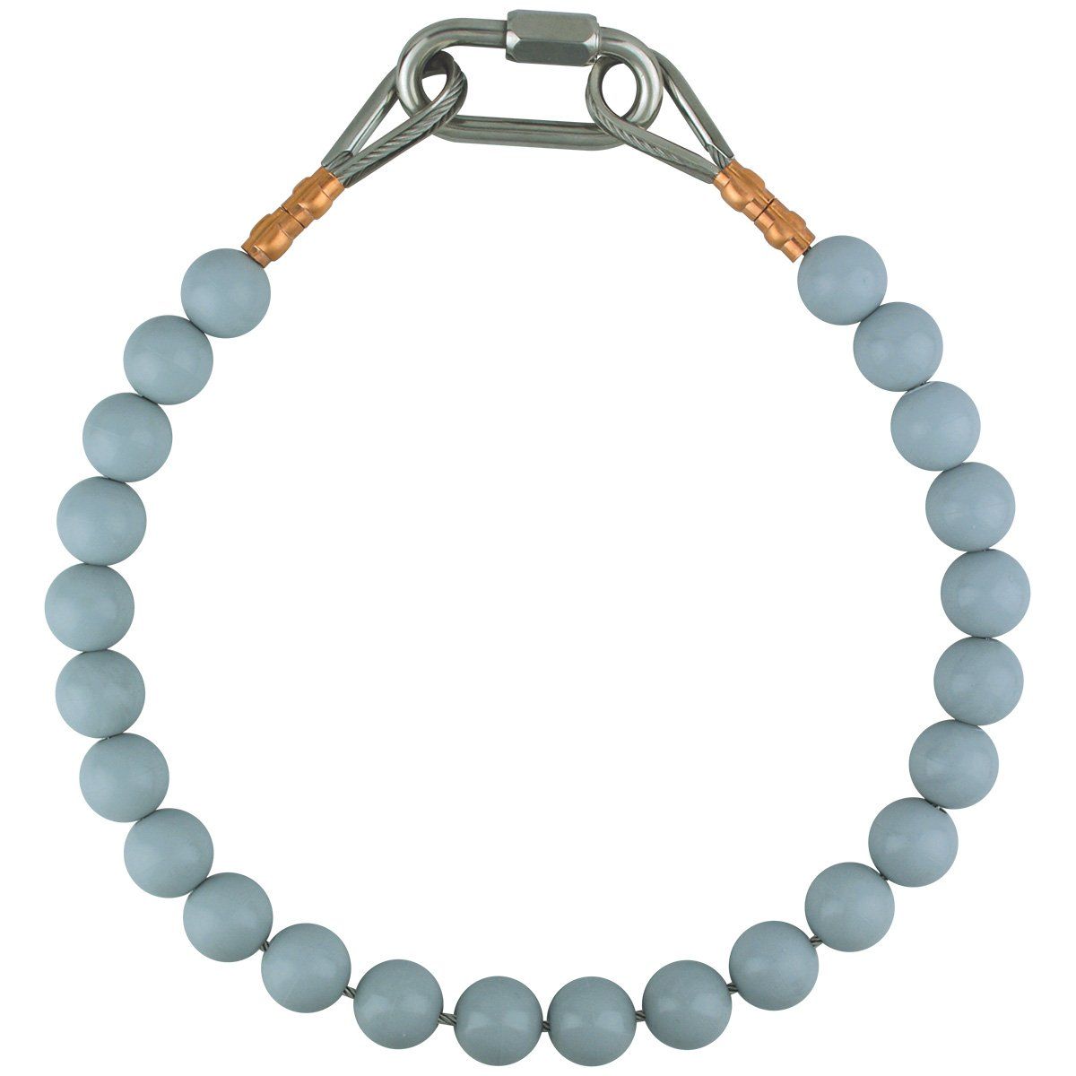 A necklace with blue beads and a metal clasp