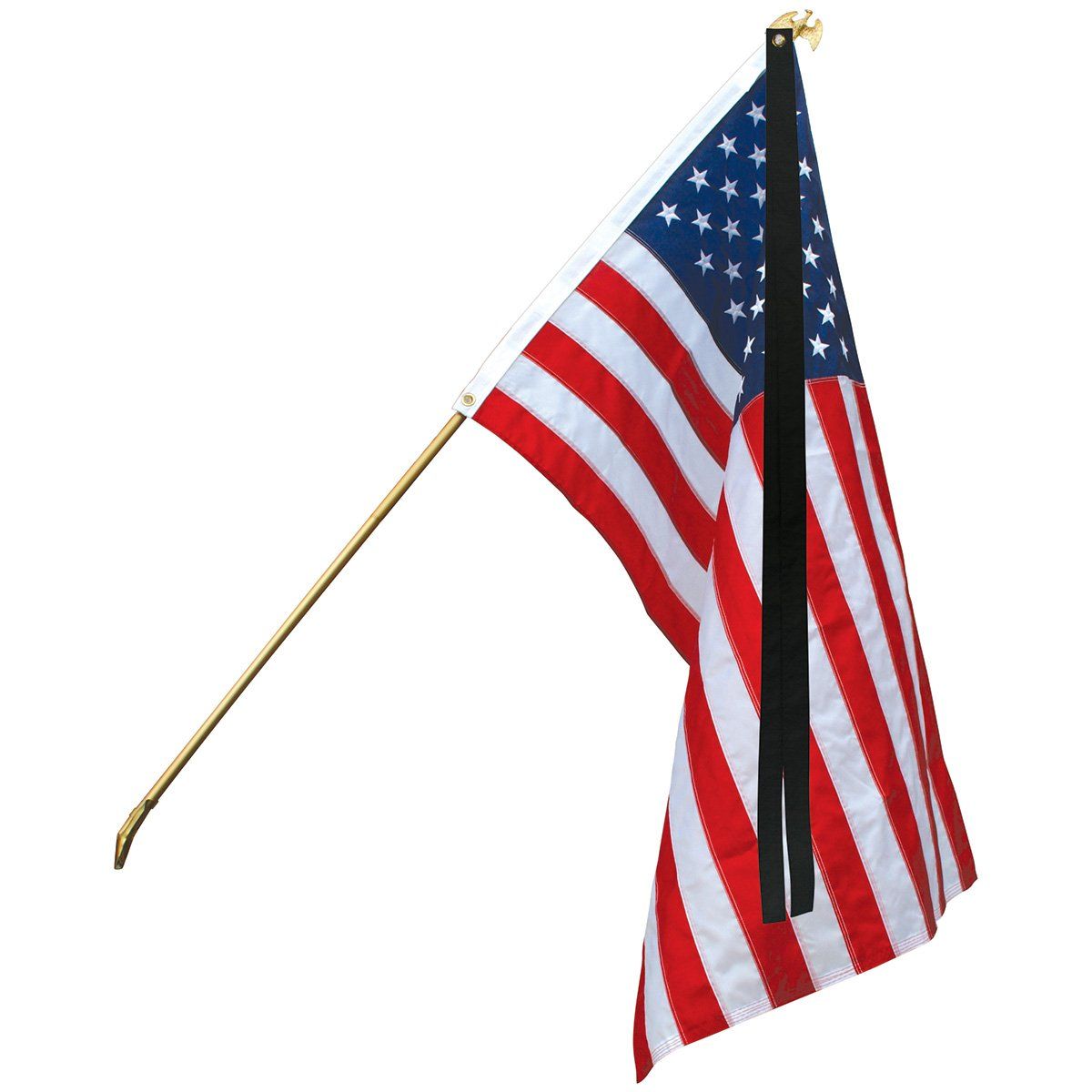 An american flag with a black ribbon attached to it