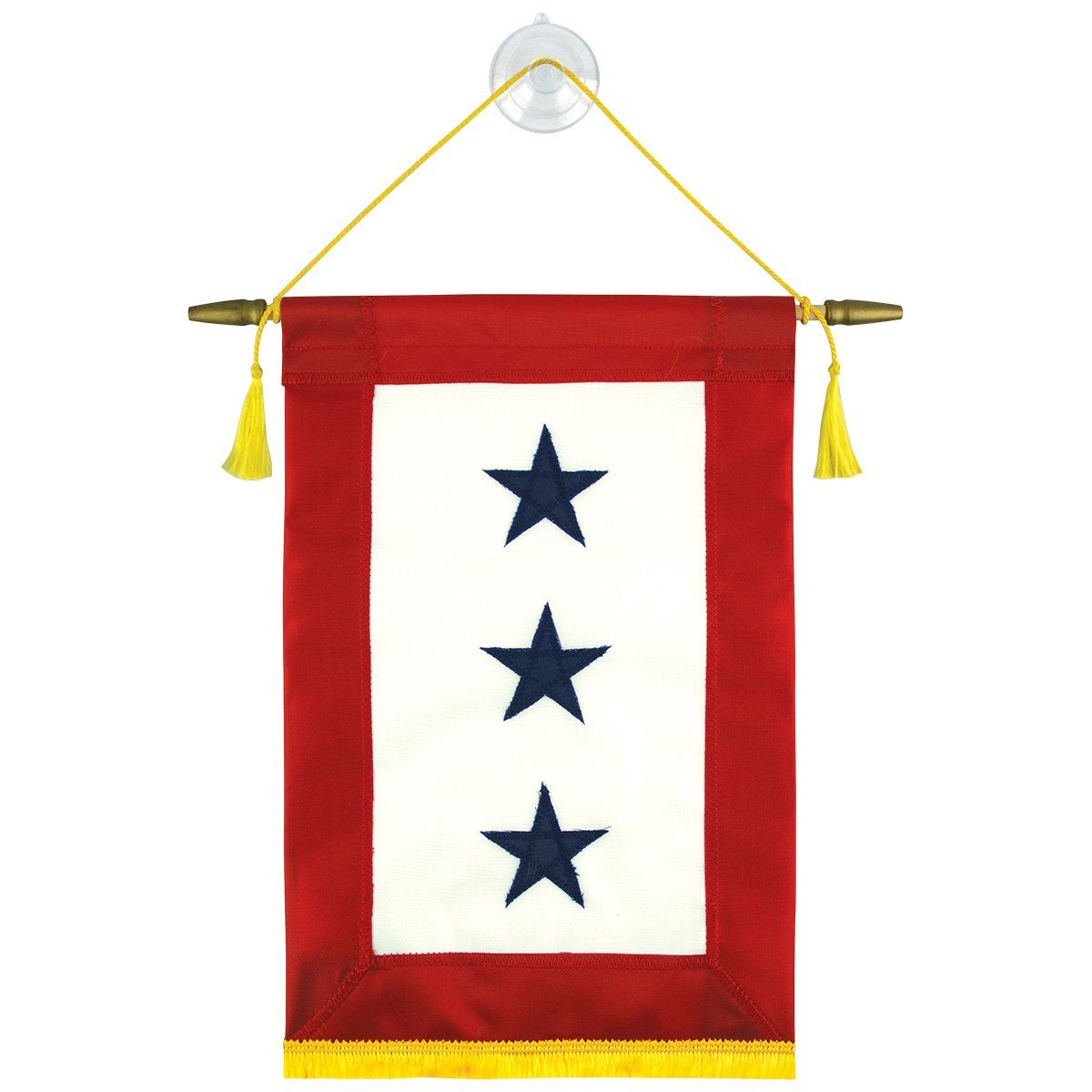 A red and white flag with three blue stars on it