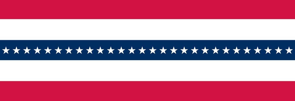 A red , white and blue flag with white stars on it.