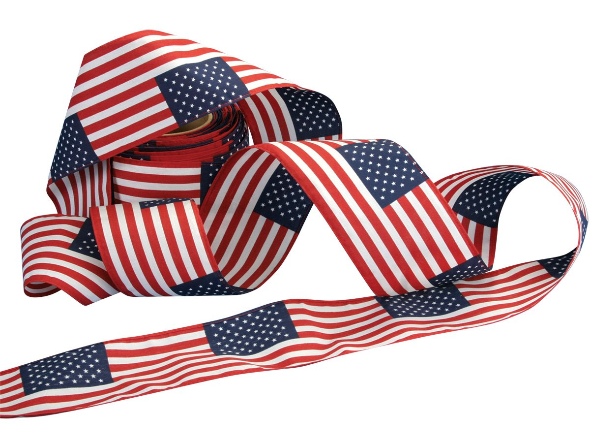 A red white and blue ribbon with american flags on it