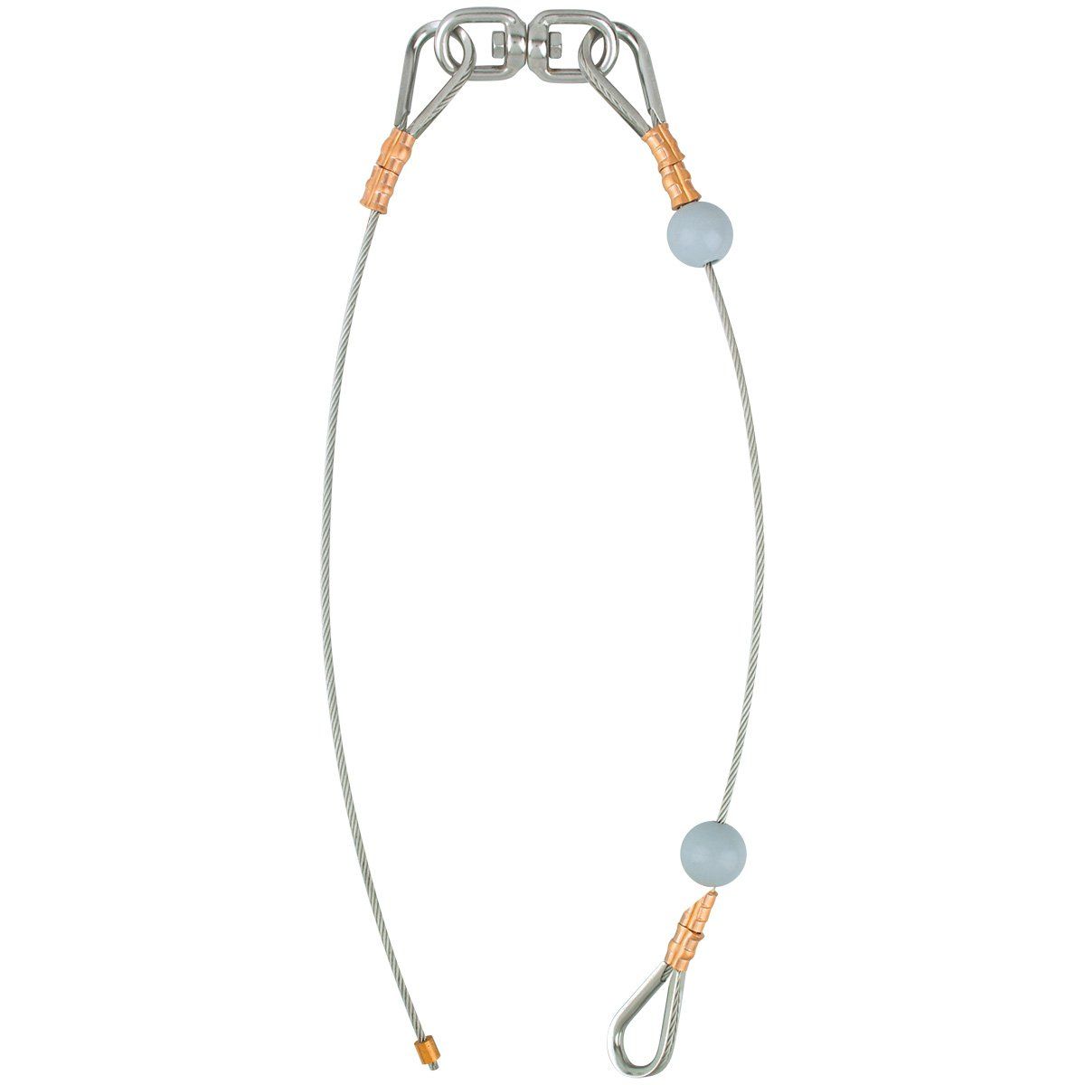 A necklace with two beads and a carabiner on a white background.