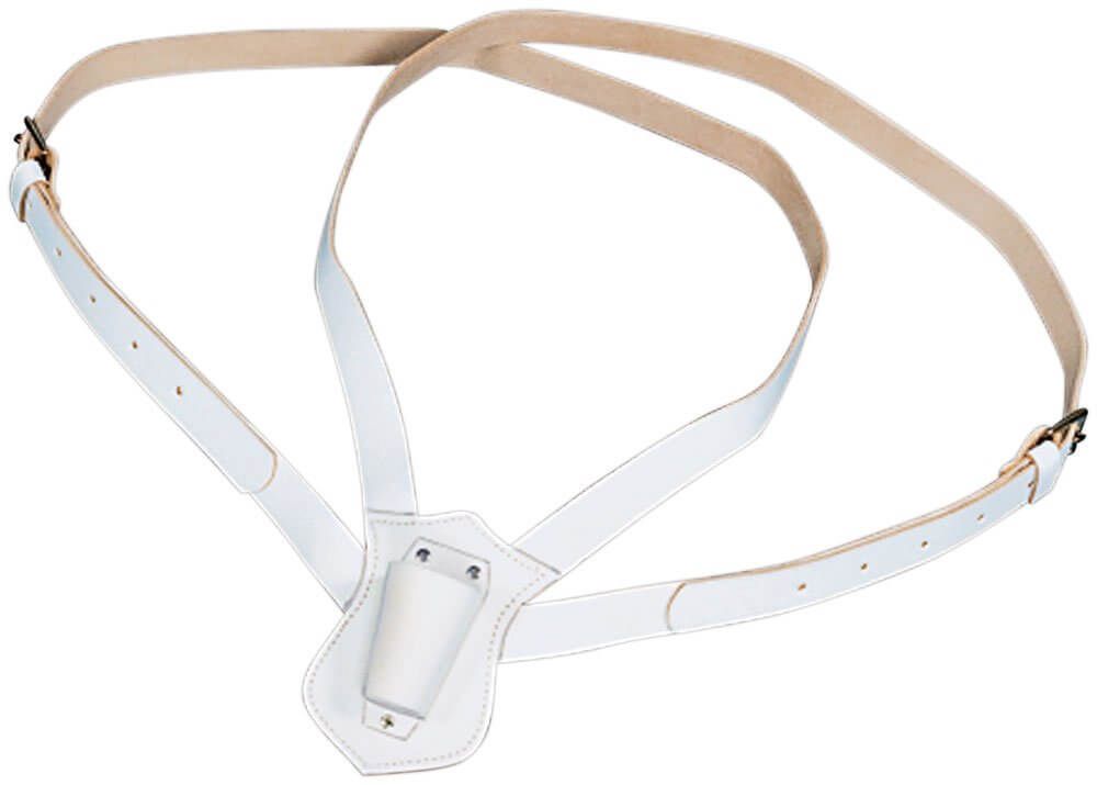 A white leather belt with a brown strap on a white background.