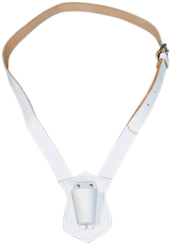 A white leather belt with a white object attached to it.