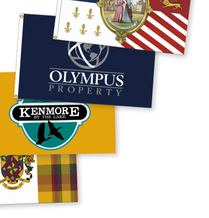A bunch of flags with one that says olympus property