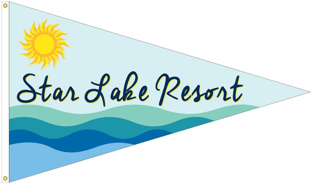 A pennant for star lake resort with a sun and waves on it.
