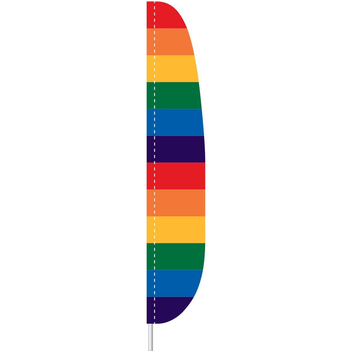A rainbow flag on a pole with a white background