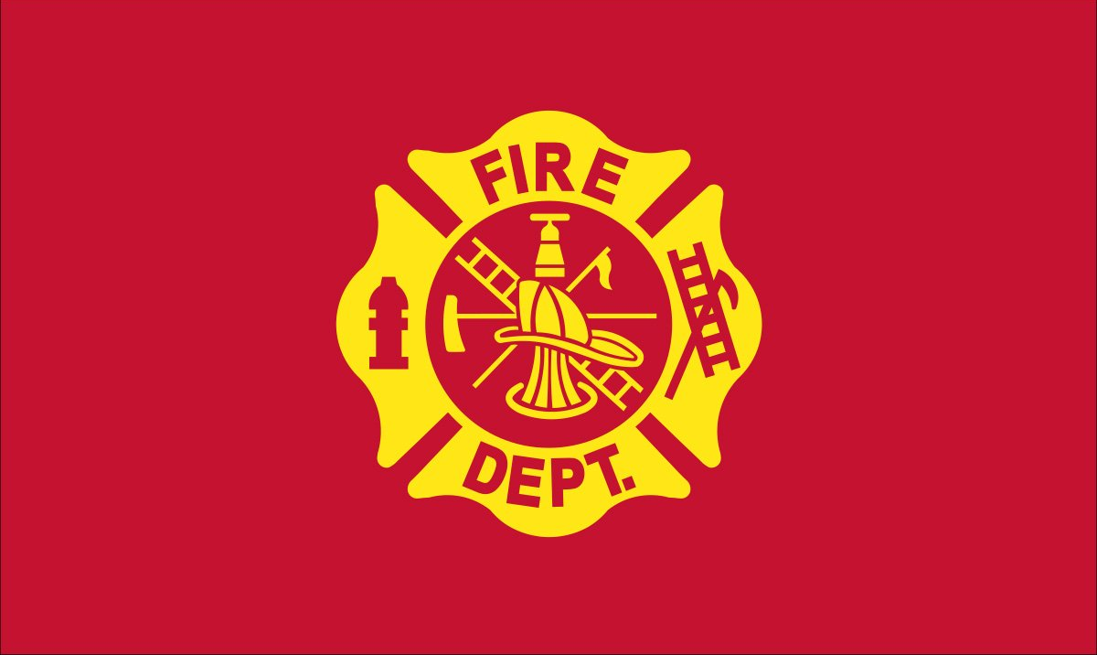A red flag with a yellow fire department logo on it.