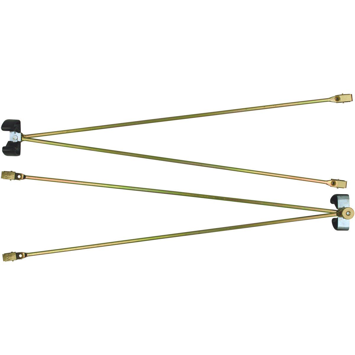 A bunch of metal rods with clips attached to them on a white background.
