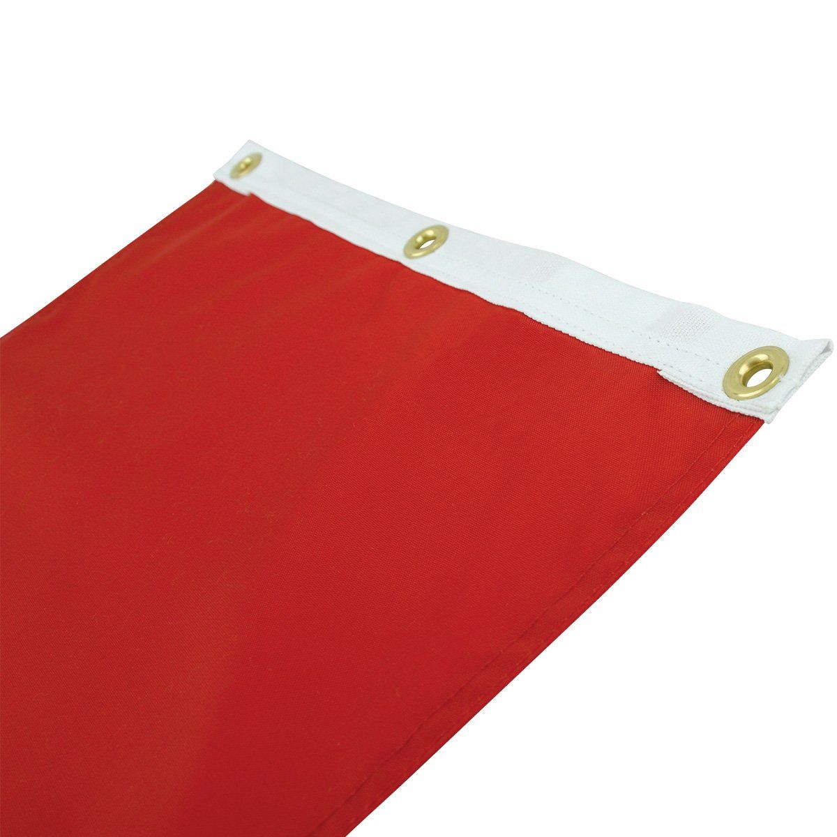 A close up of a red flag with white trim