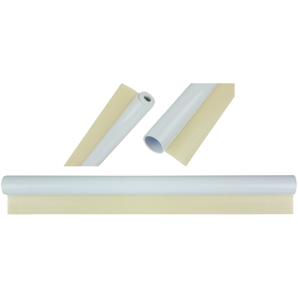 Three rolls of paper are sitting on top of each other on a white surface.