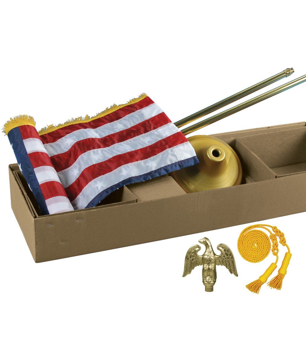 An american flag is in a box with other items