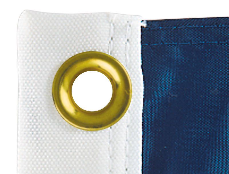 A close up of a flag with a gold grommet on it.