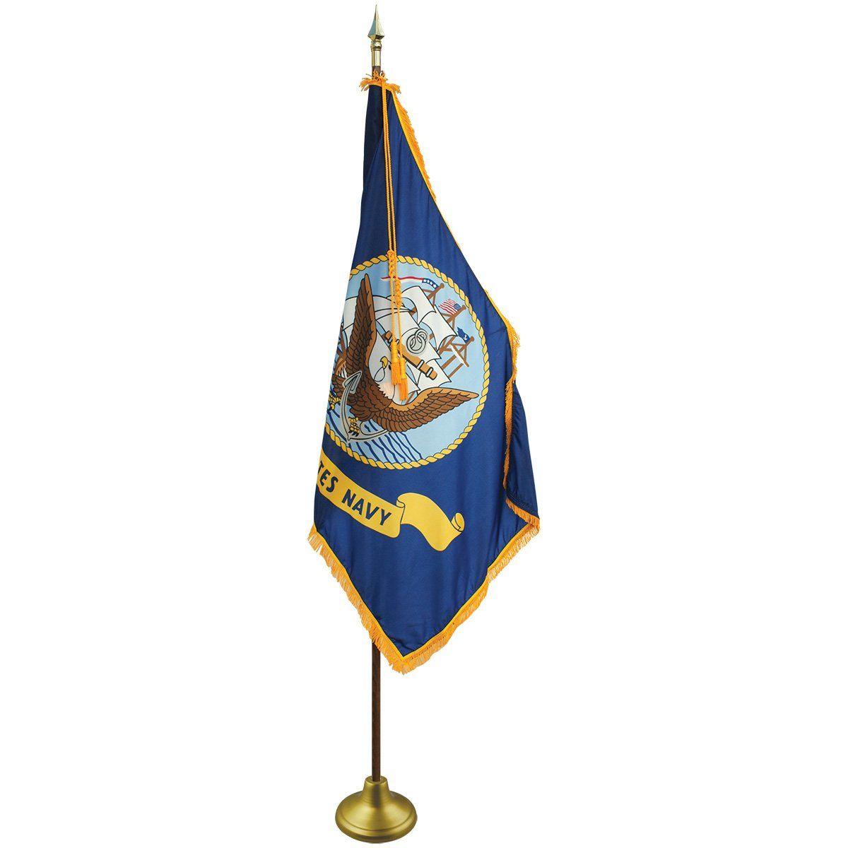 A blue flag with the words us navy on it