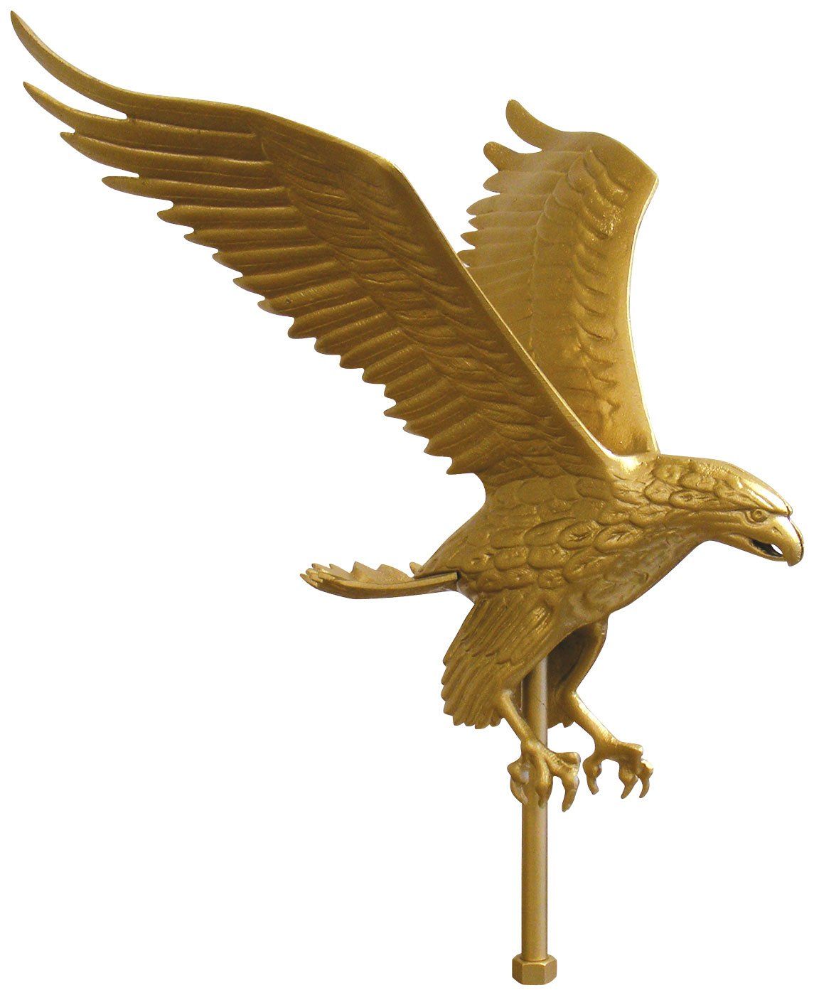 A golden eagle is sitting on a pole with its wings spread