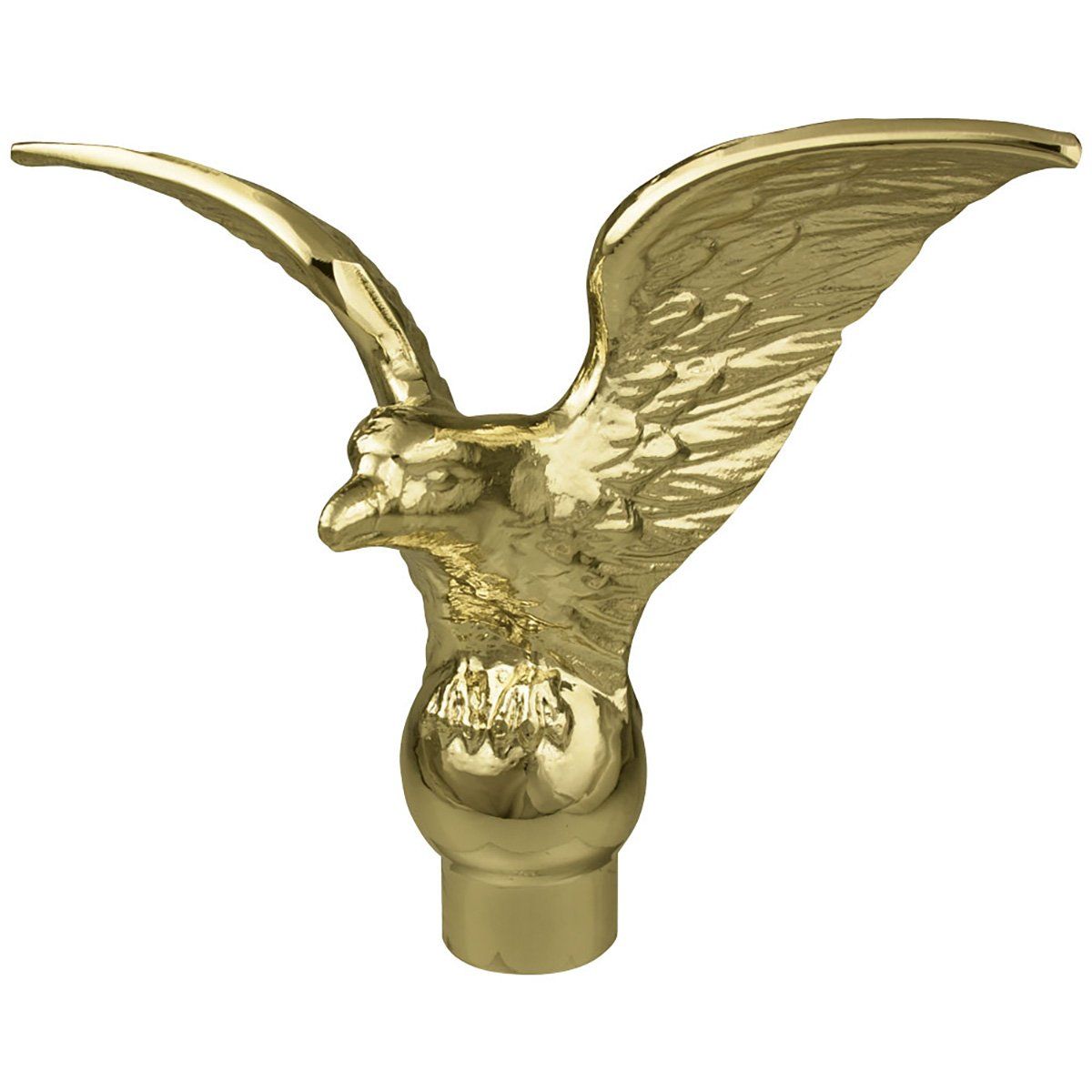 A gold eagle is sitting on top of a ball on a white background