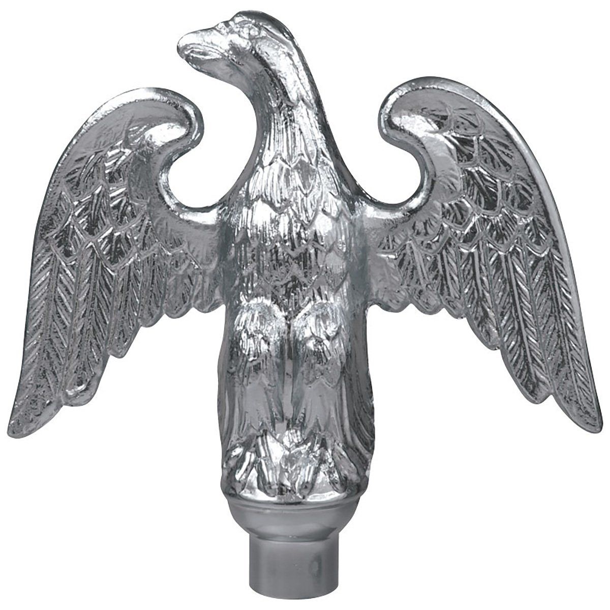 A silver eagle with its wings outstretched on a white background.