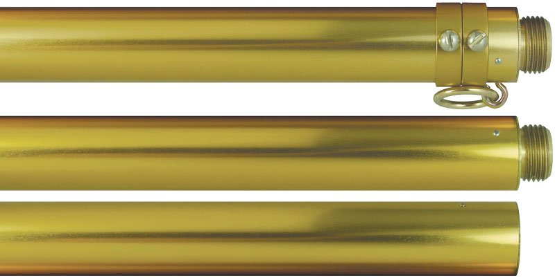 A close up of three brass poles on a white background.