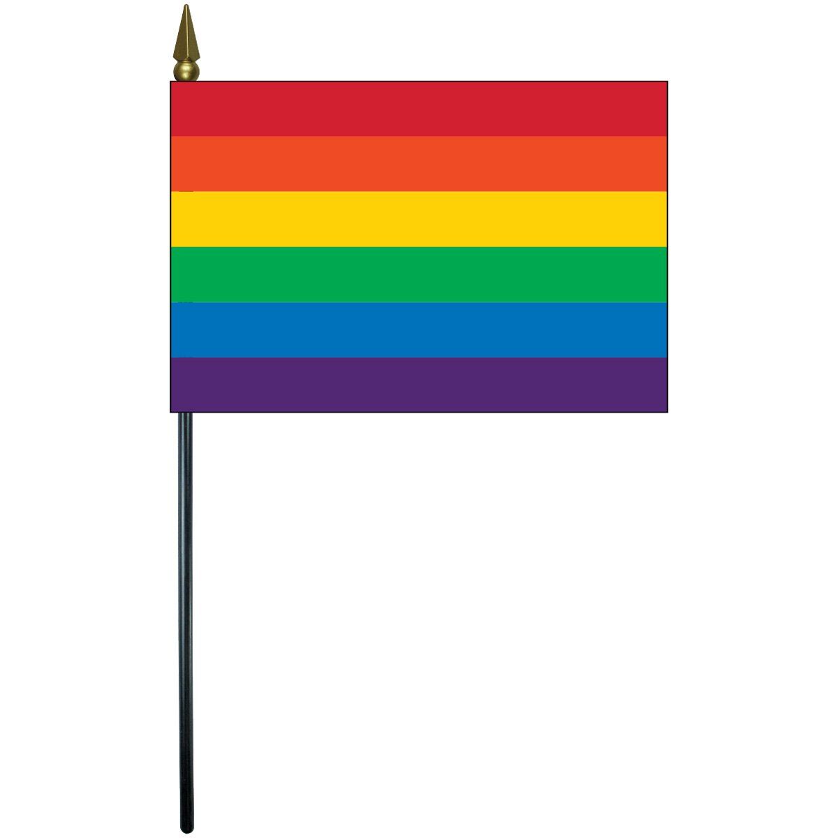 A small rainbow flag on a stick on a white background.