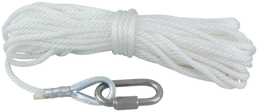 A white rope with a carabiner attached to it on a white background.
