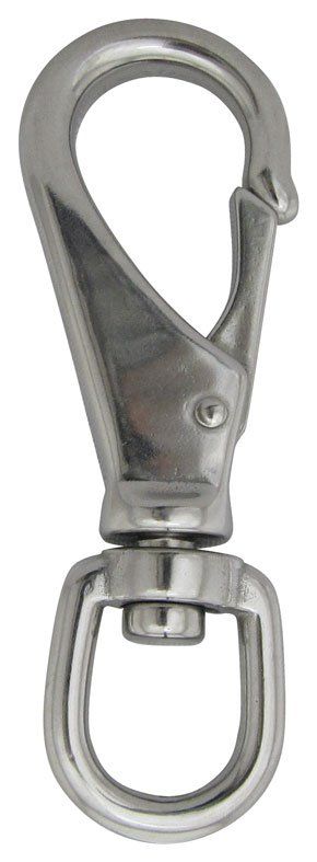 A close up of a stainless steel hook on a white background.