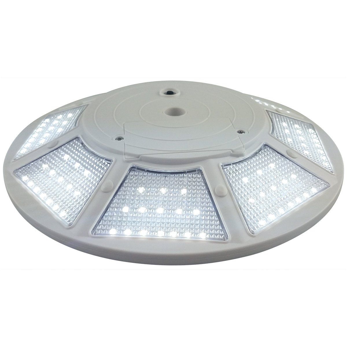 It looks like a ufo with a lot of lights on it.