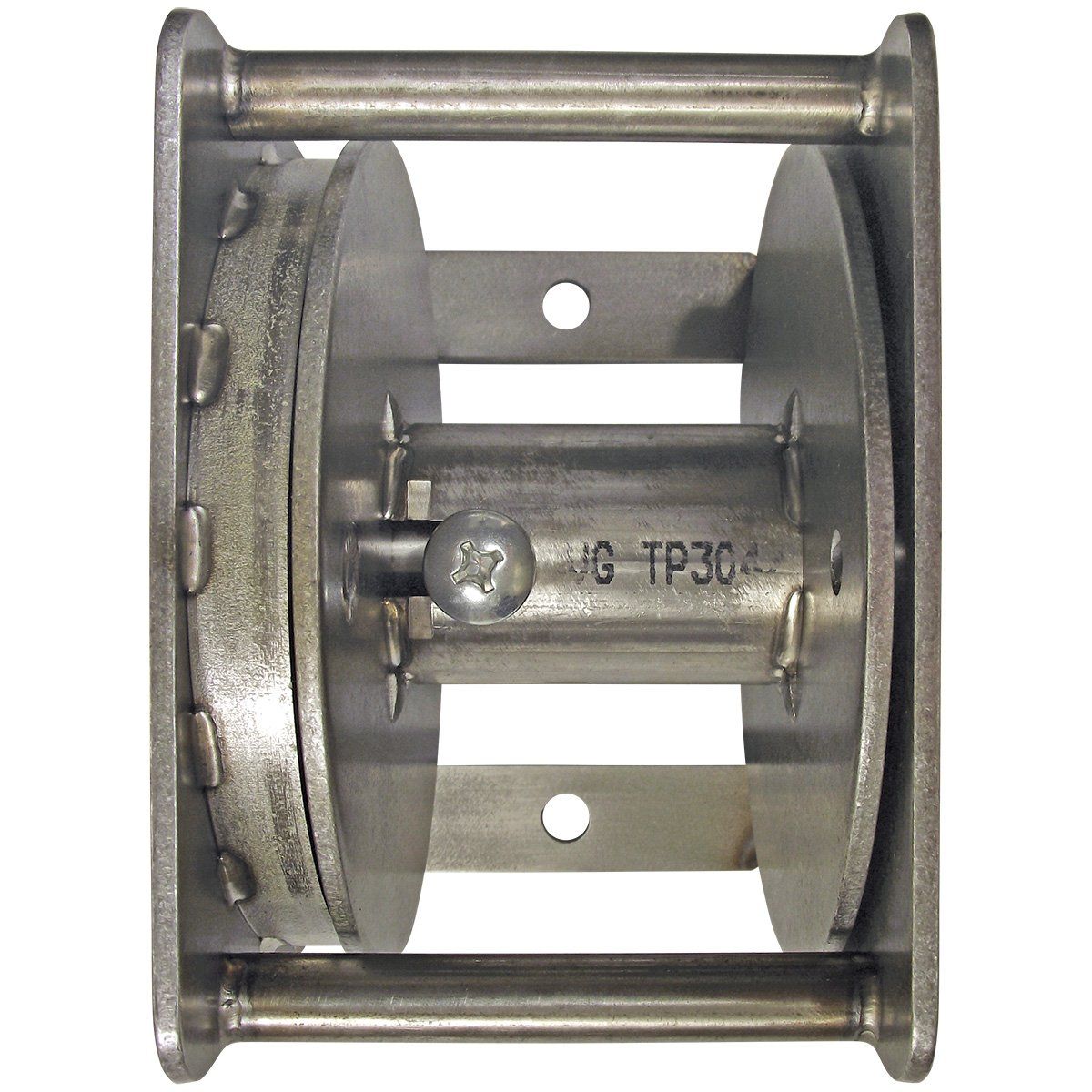 A close up of a stainless steel winch on a white background.