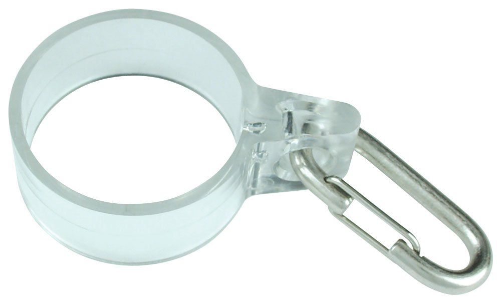 A clear plastic ring with a stainless steel carabiner attached to it.