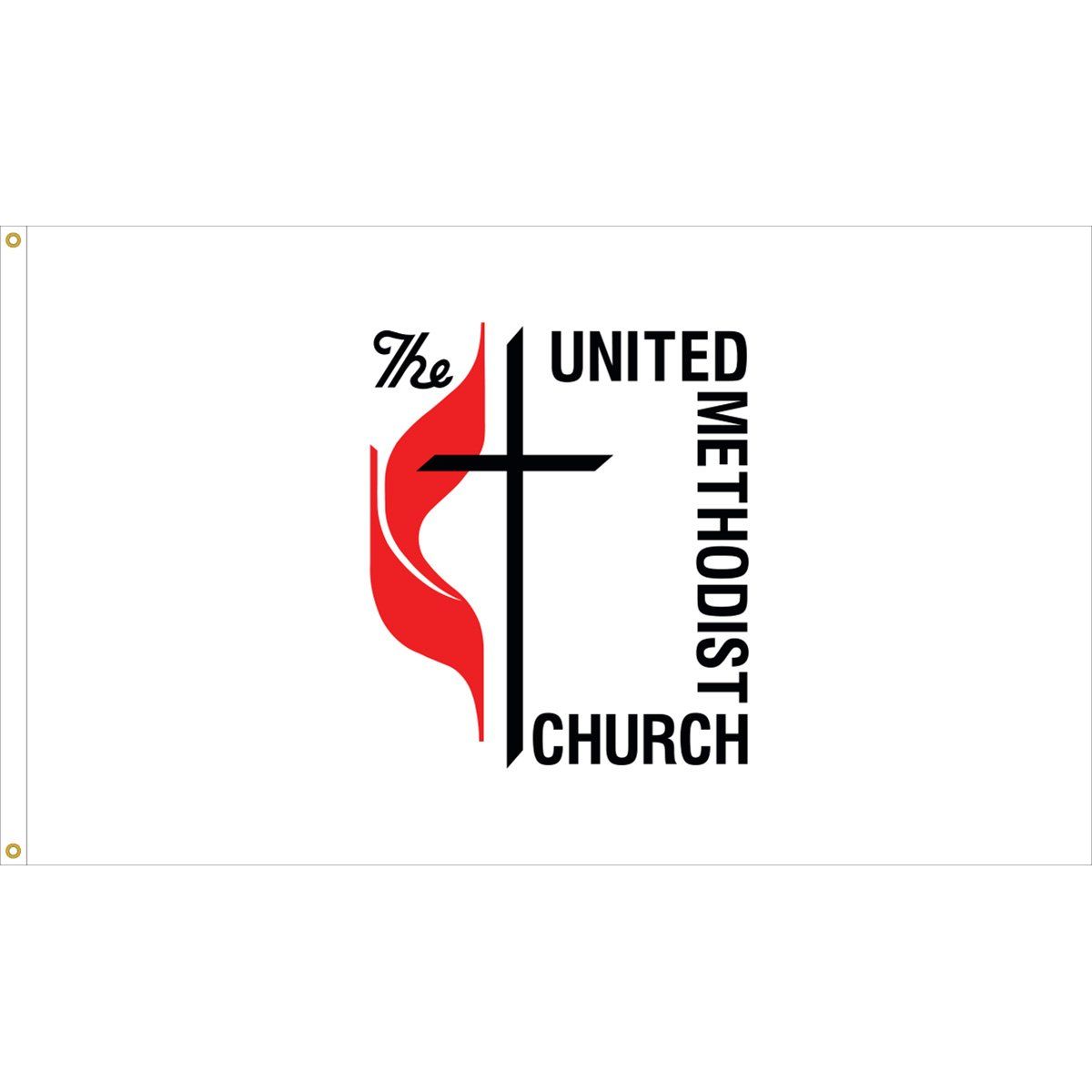 A flag for the united methodist church with a cross and a torch.
